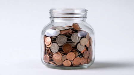 Tidy economic planning flat lay with stacked coins and a jar filled with coins resting on a white...