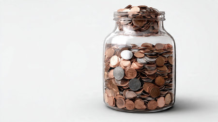 Clean budgeting layout showing coins leading diagonally toward a glass jar, commercial-safe.