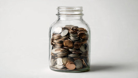 Minimal wealth planning setup showing a clean jar filled with coins on a white backdrop.の写真素材