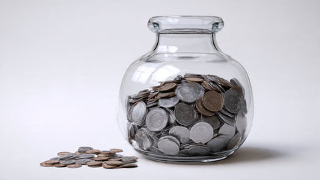 Modern financial layout featuring a tipped jar spilling coins in a smooth flow, commercial-safe.