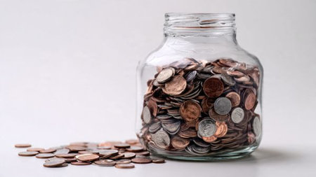 Elegant high-key scene with a tipped jar and coins scattered in a balanced spread, commercial-safe.
