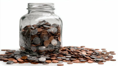 Clean financial aesthetic showcasing a transparent jar filled with coins arranged at varying...