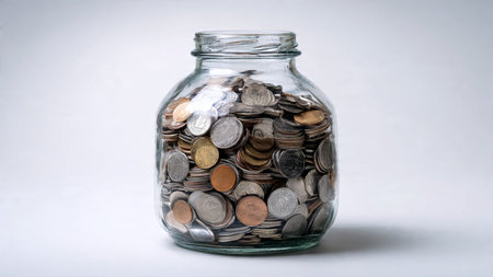 Neatly staged finance-themed image with a jar filled with coins.