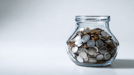 Modern clean wealth theme with a row of polished coins leading toward a jar, commercial-safe.