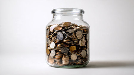 High-key financial arrangement featuring a semi-full jar behind a small coin pile.