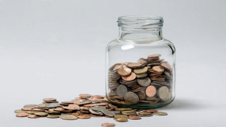 Bright simple economic scene showcasing an empty jar and loosely arranged coins on a white background.の写真素材