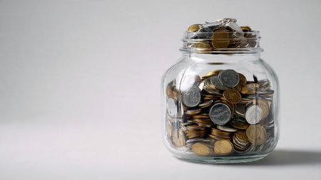 Soft-lit savings visual showing an upright jar beside a grouped coin cluster, commercial-safe.