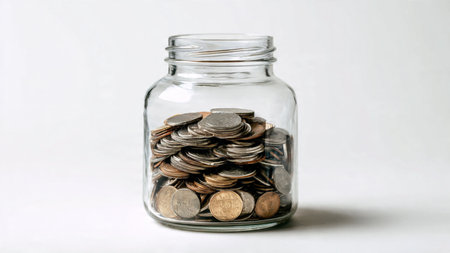 Wealth-building illustration of a jar and coins arranged with smooth shadows, commercial-safe.の写真素材