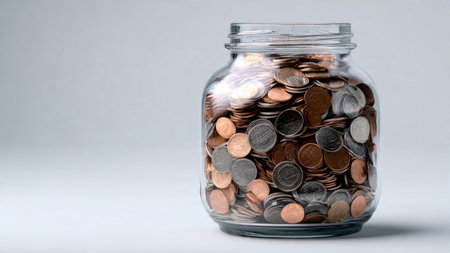 Modern financial arrangement with a tipped jar releasing coins in a diagonal pattern,...