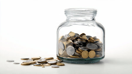 Soft studio-light layout with a clear jar and coins forming a gentle scattered pattern,...
