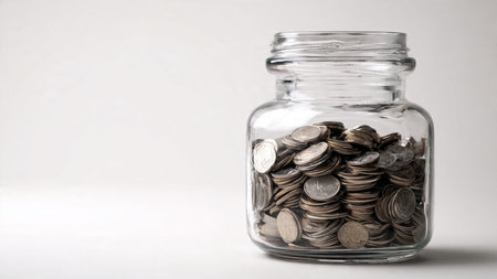 Bright financial planning scene with coins forming a soft pattern near a pristine glass jar, commercial-safe.の写真素材