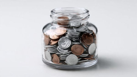 Minimal aesthetic with a transparent jar aligned beside stacked coins under smooth lighting,...
