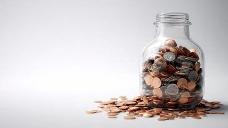 Minimal wealth concept highlighting a clear jar and coins aligned neatly across a pure white...