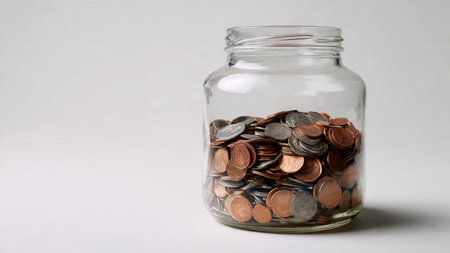 Clean minimalist budgeting scene highlighting a polished jar and several neatly spaced coins,...