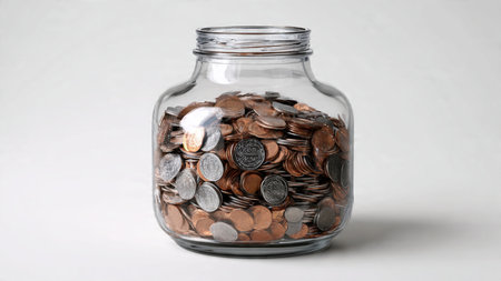 Modern budget visualization with a small glass jar containing mixed coins arranged symmetrically on...
