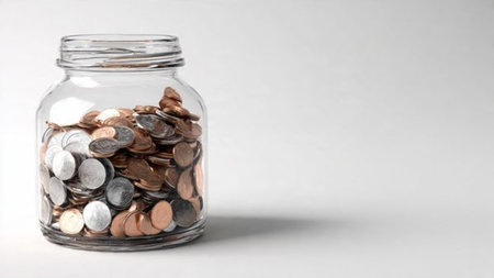 Balanced saving-themed arrangement with a clear glass jar next to evenly stacked coins under soft neutral lighting.の写真素材