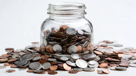 High-key savings shot featuring a half-filled jar and coins positioned asymmetrically but cleanly,...