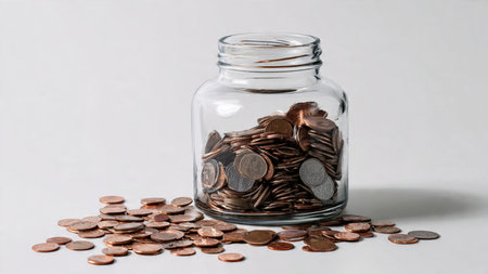 Savings visualization featuring a glass jar surrounded by lightly scattered coins under soft,...