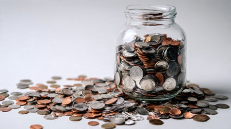 Clean financial planning composition featuring symmetrical coin placement around a jar,...