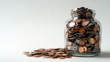 Elegant financial scene showing coins stacked neatly toward the right of an upright jar,...