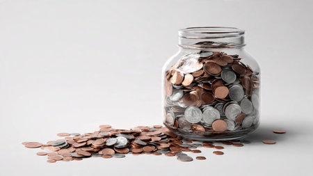 High-key savings arrangement with a tipped jar and coins arranged in a soft downward curve,...