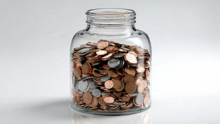 Professional savings image with a clear jar tilted slightly forward and coins in a small pile,...
