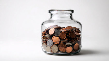 Soft elegant saving concept showing coins spilling gently around a jar on a bright surface,...