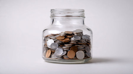 High-key budgeting visual showing a jar tipped backward spilling a soft cluster of coins.