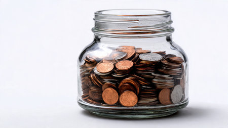 Soft studio-lit arrangement with several coins leading toward a transparent jar, commercial-safe.