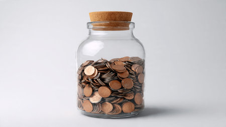 Professional clean flat lay showing a jar filled with coins on a white background.