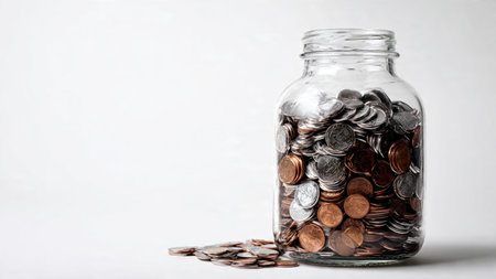 Modern financial theme with a clear jar behind an evenly lined row of coins, commercial-safe.