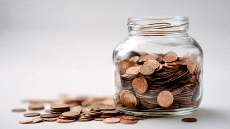 Clean wealth concept featuring aligned coin stacks in front of a transparent jar, commercial-safe.