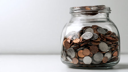 Professional minimal illustration of a jar tipped sideways with a clean stream of coins, commercial-safe.の写真素材