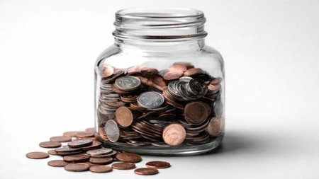 Soft shadow budgeting visual showing a jar tipped sideways releasing coins lightly, commercial-safe.