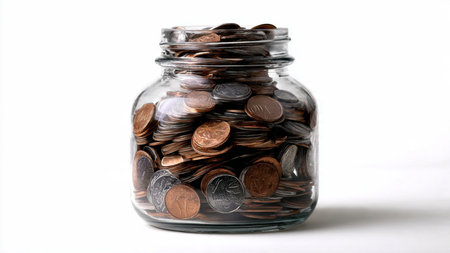 Simple budgeting scene with polished coins resting neatly beside an upright glass jar.