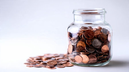 Minimal yet polished financial scene with a tipped glass jar and coins spreading outward,...