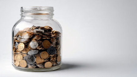 Balanced composition of a tipped jar and scattered coins representing simple financial habits.