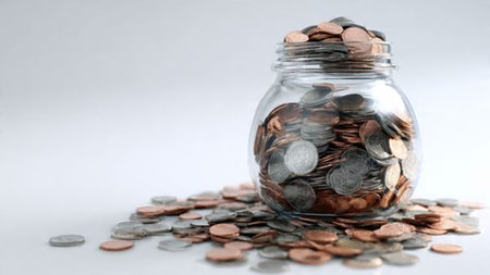 Minimal budgeting visual showing an upright jar beside a tidy stack of coins, commercial-safe.