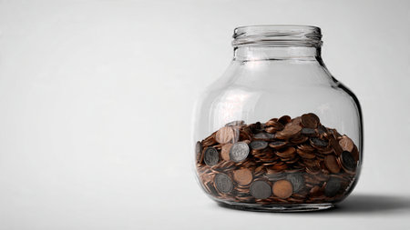 Clean budgeting flat lay showcasing polished coins scattered lightly around a clear jar, commercial-safe.の写真素材