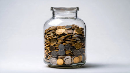 Clean budgeting concept with a transparent jar standing upright next to a neat pile of polished...