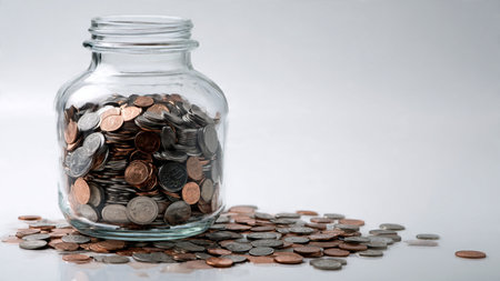 Soft elegant savings display featuring an upright jar and coins arranged in measured spacing,...