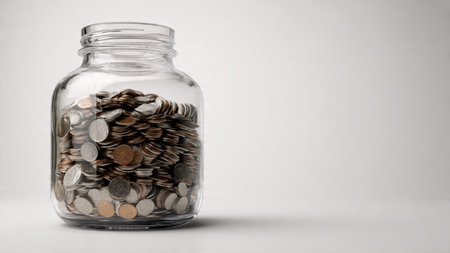 Minimal wealth planning scene with a tipped jar releasing coins in a simple flowing pattern, commercial-safe.の写真素材