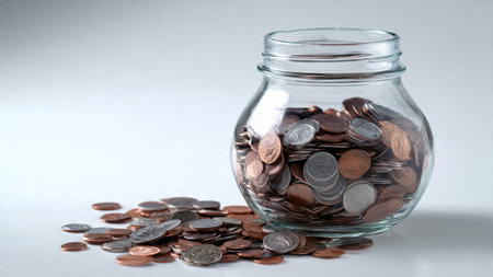 Wealth symbolism featuring a half-full jar centered behind small but neat coin stacks,...