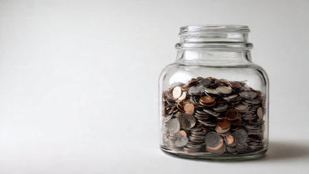 Soft studio-lit arrangement with several coins leading toward a transparent jar, commercial-safe.