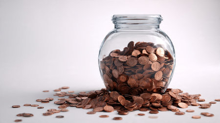 Studio-lit money-growth theme showcasing a tipped jar releasing coins gradually, commercial-safe.