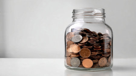 Clean and simple layout featuring a jar with a few coins spilling toward the viewer.