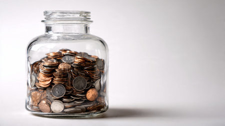 Neat wealth-building scene with coins forming a small pile in front of a transparent jar illuminated...