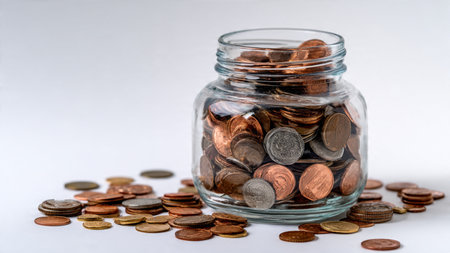 Clean wealth concept featuring coins forming a small pile next to a clear jar.の写真素材
