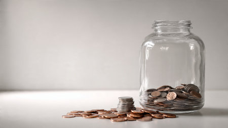 High-key wealth concept with a transparent jar surrounded by loose coins in soft patterns,...