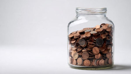 High-key financial composition showcasing an angled jar and coins grouped neatly in front,...